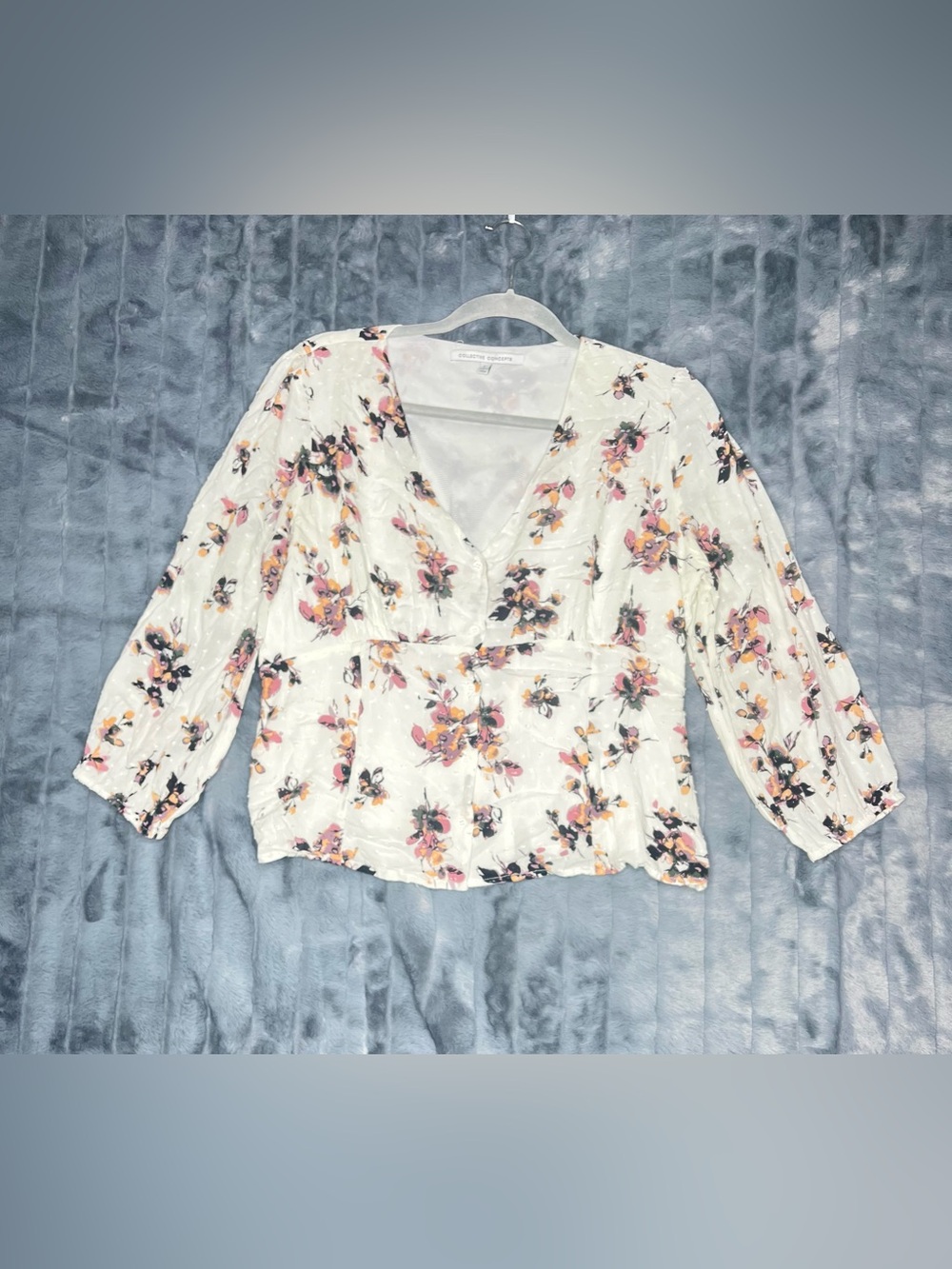 Collective Concepts Floral Peplum Blouse Women’s L White Long Sleeve